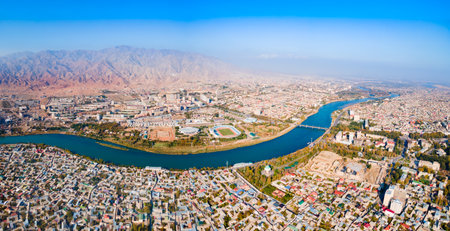 Khujand city and Syr Darya river aerial panoramic view. Khujand is the second largest city of Tajikistan.の写真素材