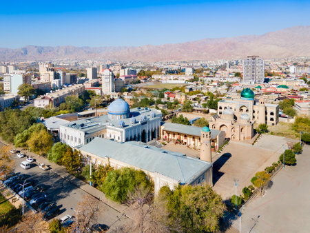 Masjidi Jami Central Mosque and Mausoleum of Sheikh Muslihiddin aerial panoramic view in Khujand. Khujand is the second largest city of Tajikistan.の写真素材