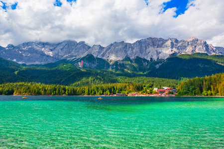 Eibsee lake near Garmisch-Partenkirchen town in Bavaria, Germanyの写真素材