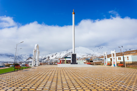 Central square in Murghab, the highest town in Tajikistan at 3650 meters above sea level. Murghab or Murghob is located on the Pamir Highway.の写真素材