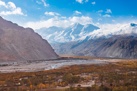 The Wakhan Corridor mountain landscape view from the Pamir highway near Langar village. Wakhan Corridor is located on the border between Tajikistan and Afghanistan.の写真素材