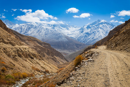 The Wakhan Corridor mountain landscape view from the Pamir highway. Wakhan Corridor is located on the border between Tajikistan and Afghanistan.の写真素材