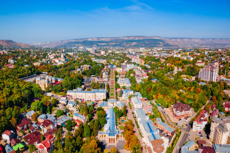 Kislovodsk Kurortny Boulevard aerial panoramic view. Kislovodsk is a spa city in Caucasian Mineral Waters region, Stavropol Krai, Russia.の写真素材