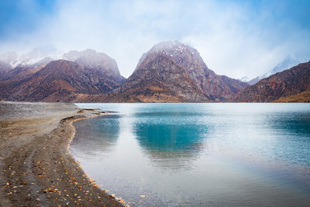 Iskanderkul is a mountain lake in the Fann Mountains in Sughd Province of Tajikistanの写真素材