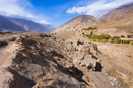 Qah Qaha or Kaakha fortress ruins in Namadgut, Tajikistan. Qah-Qaha is an ancient zoroastrian fortress, lies above river Panj at the border of Afghanistan.の写真素材