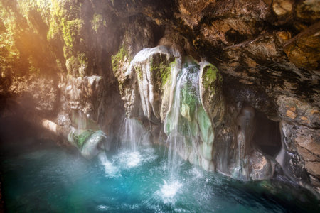Bibi Fatima hot springs in Yamchun village, Wakhan corridor on the border between Pamir highway region in Tajikistan and Badakhshan province of Afghanistan.の写真素材
