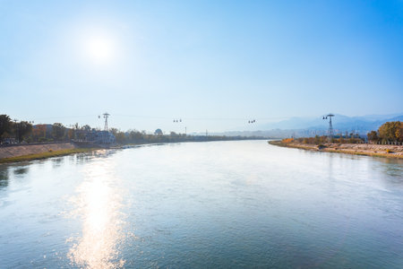 Cable car through Syr Darya river in Khujand. Khujand is the second largest city of Tajikistan.の写真素材