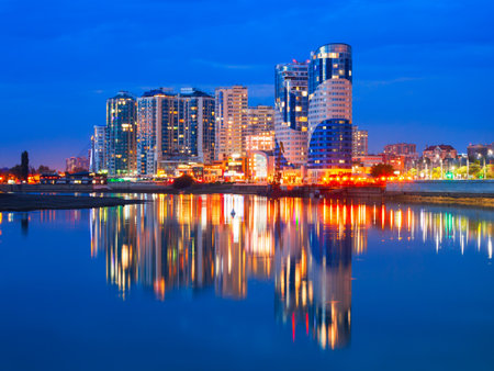 Krasnodar city and Kuban river skyline aerial panoramic view at night. Krasnodar is the largest city and administrative centre of Krasnodar Krai.の写真素材
