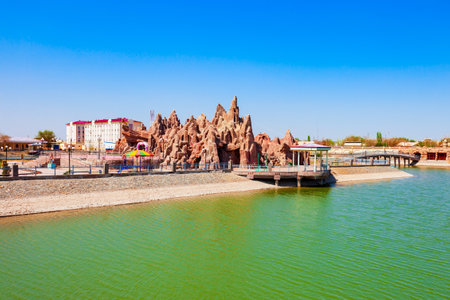 Yoshlar Koli or Youth Lake or Molodezhnoye Ozero at the Amir Timur Park in the centre of Urgench city, Uzbekistanの写真素材