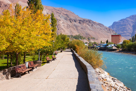Ghunt river promenade in the Central Park of Khorog city. Khorog is situated along the Pamir Highway in Gorno-Badakhshan in Tajikistan.の写真素材
