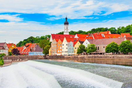 Lech river weir in Landsberg am Lech, a town in southwest Bavaria, Germanyの写真素材