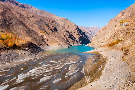 Nofin Lake is the fourth of the Seven Lakes in Fann mountains. Seven Lakes is located near Penjikent city in Tajikistan.の写真素材