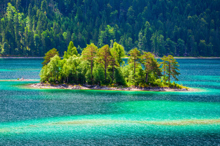 Eibsee lake near Garmisch-Partenkirchen town in Bavaria, Germanyの写真素材