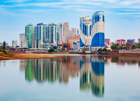Krasnodar city and Kuban river skyline aerial panoramic view. Krasnodar is the largest city and administrative centre of Krasnodar Krai.の写真素材