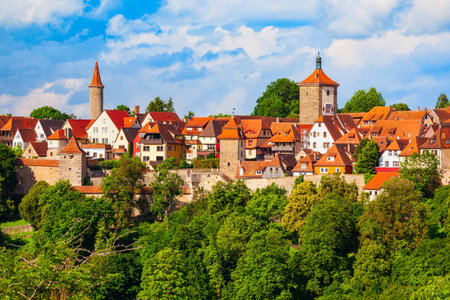 Rothenburg ob der Tauber old town aerial panoramic view. Rothenburg ob der Tauber is a city in the Franconia region of Bavaria, Germany.の写真素材