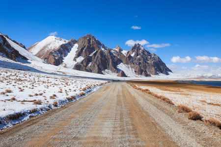 Pamir Highway near the Murghab town. Murghab or Murghob or Murgab is the highest town in Tajikistan at 3650 meters above sea level.の写真素材