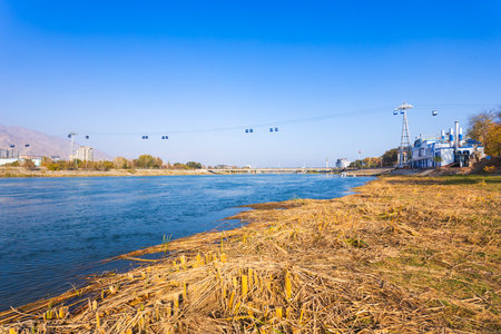 Cable car through Syr Darya river in Khujand. Khujand is the second largest city of Tajikistan.の写真素材