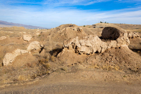 Ancient Penjikent city ruins. Penjikent or Panjakent is a city in the Sughd province of Tajikistan.の写真素材