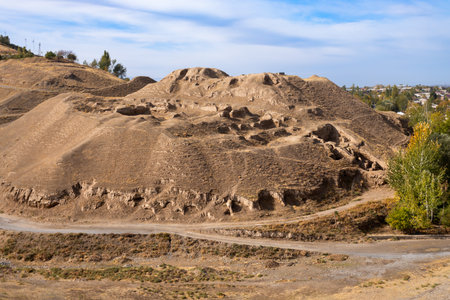 Ancient Penjikent city ruins aerial panoramic view. Penjikent or Panjakent is a city in the Sughd province of Tajikistan.の写真素材