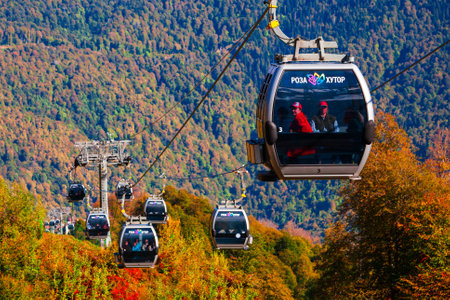 Sochi, Russia - October 06, 2020: Cable car cabin rises up from Rosa Khutor village to Roza Peak mountain in Sochi resort city in Krasnodar Krai, Russiaのeditorial素材