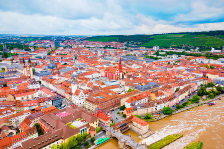 Old Main river bridge and Wurzburg old town aerial panoramic view. Wurzburg or Wuerzburg is a city in Franconia region of Bavaria state, Germany.の写真素材