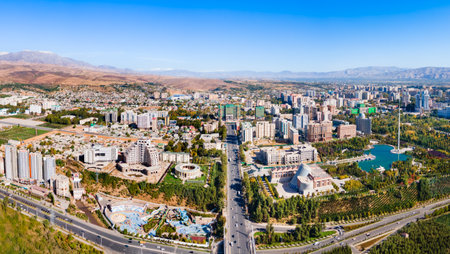 Ismoil Somoni Avenue aerial panoramic view in Dushanbe. Dushanbe is the capital city of Tajikistan.の写真素材