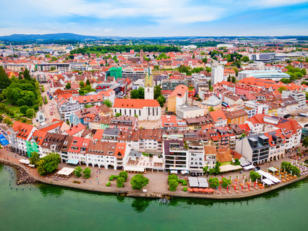 Friedrichshafen aerial panoramic view. Friedrichshafen is a city on the shore of Lake Constance or Bodensee in Bavaria, Germany.の写真素材