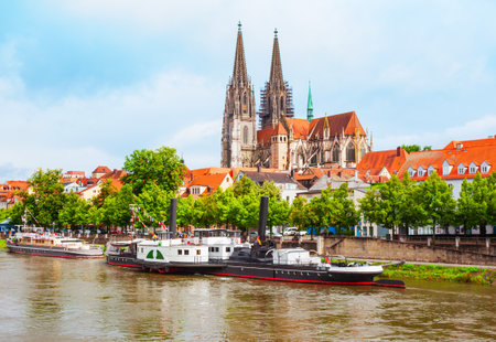 Regensburg Cathedral or Saint Peter Church near Danube river. Regensburg is a city at Danube river in Bavaria, Germany.の写真素材