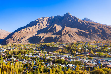 Khorog city aerial panoramic view. Khorog is situated along the Pamir Highway in Gorno-Badakhshan, Tajikistan.の写真素材