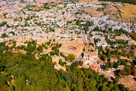 The Alhambra aerial panoramic view. The Alhambra is a fortress complex located in Granada city, Andalusia region in Spain.の写真素材