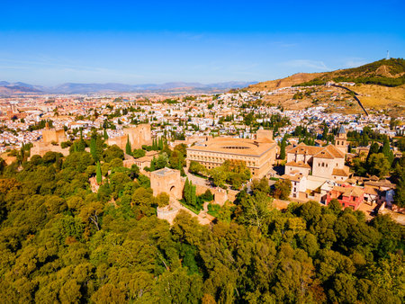 The Alhambra aerial panoramic view. The Alhambra is a fortress complex located in Granada city, Andalusia region in Spain.の写真素材