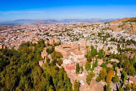 The Alhambra aerial panoramic view. The Alhambra is a fortress complex located in Granada city, Andalusia region in Spain.の写真素材
