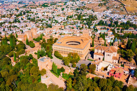 The Alhambra aerial panoramic view. The Alhambra is a fortress complex located in Granada city, Andalusia region in Spain.の写真素材