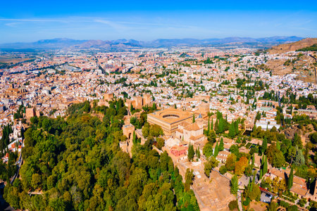 The Alhambra aerial panoramic view. The Alhambra is a fortress complex located in Granada city, Andalusia region in Spain.の写真素材