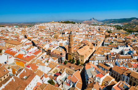 Saint Sebastian Parish Church aerial panoramic view in Antequera. Antequera is a city in the province of Malaga, the community of Andalusia in Spain.の写真素材