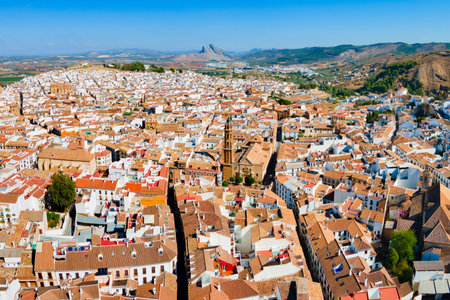 Saint Sebastian Parish Church aerial panoramic view in Antequera. Antequera is a city in the province of Malaga, the community of Andalusia in Spain.の写真素材