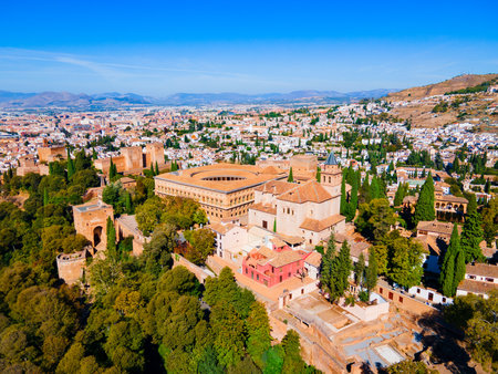 The Alhambra aerial panoramic view. The Alhambra is a fortress complex located in Granada city, Andalusia region in Spain.の写真素材