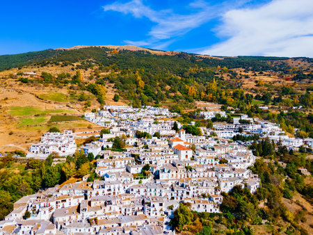 Capileira village aerial panoramic view. Capileira is a village in the Alpujarras area in the province of Granada in Andalusia, Spain.の写真素材