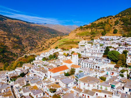 Capileira village aerial panoramic view. Capileira is a village in the Alpujarras area in the province of Granada in Andalusia, Spain.の写真素材