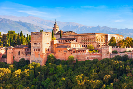 The Alhambra aerial panoramic view. The Alhambra is a fortress complex located in Granada city, Andalusia region in Spain.の写真素材