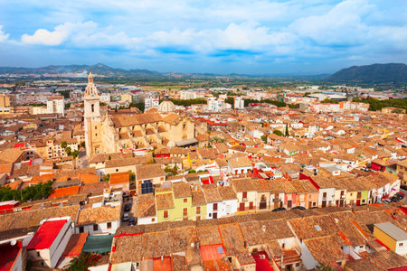 Collegiate Basilica of Santa Maria of Xativa aerial panoramic view. Collegiate Basilica also known as La Seu, is the principal church of the city of Xativa near Valencia in Spain.の写真素材