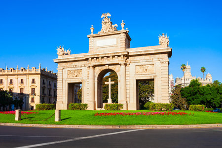 Porta de la Mar or Sea Gate in Valencia. Valencia is the third most populated municipality in Spain.の写真素材