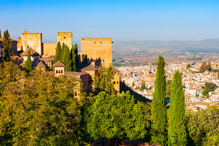 The Alhambra aerial panoramic view. The Alhambra is a fortress complex located in Granada city, Andalusia region in Spain.の写真素材