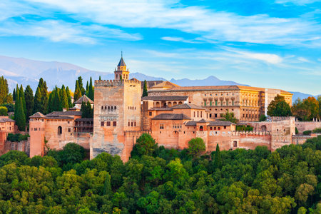 The Alhambra aerial panoramic view. The Alhambra is a fortress complex located in Granada city, Andalusia region in Spain.の写真素材