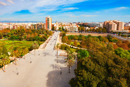 Valencia city aerial panoramic view from the Serrans Gate or Serranos Towers. Valencia is the third most populated municipality in Spain.の写真素材