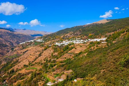 Bubion and Capileira villages aerial panoramic view. Bubion is a village in the Alpujarras area in the province of Granada in Andalusia, Spain.の写真素材
