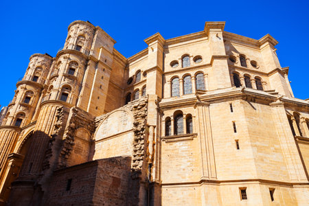 Malaga Cathedral closeup view. The Cathedral of Malaga is a Roman Catholic church in Malaga city in the Andalusia community in Spain.の写真素材