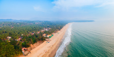 Agonda Beach aerial panoramic view. Agonda Beach is a public beach located near the Palolem beach in South Goa in India.の写真素材