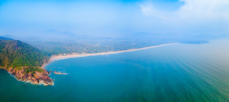 Agonda Beach aerial panoramic view. Agonda Beach is a public beach located near the Palolem beach in South Goa in India.の写真素材
