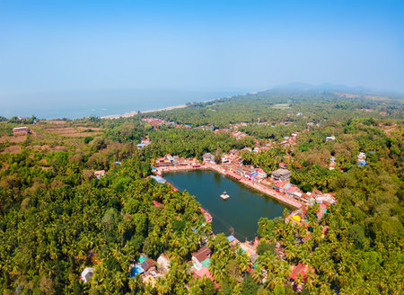 Kotitheertha or Koti Tirtha temple pond aerial panoramic view in Gokarna. Gokarna is the coastal town in Karnataka state of India.の写真素材